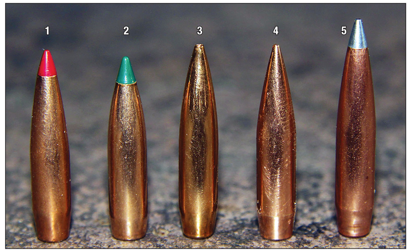 Bullets used for load testing included a (1) Hornady 75-grain ELD Match, (2) Sierra 77-grain Tipped MatchKing, (3) Berger 82-grain BT Target, (4) Nosler’s 85-grain RDF and a (5) Hornady 90-grain A-Tip.